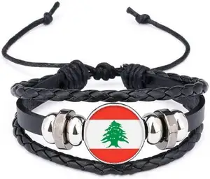 Calidad Líbano bandera botón a presión brazalete pulsera cuero trenzado pulsera personalizada Bandera Nacional pulsera regalo mujeres hombres