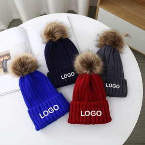 <strong>Pom</strong> <strong>Pom</strong> <strong>Beanies</strong> With Logo <strong>Custom</strong> Embroidery Big Bone Rib Knitted Winter Hats - Product Image 1