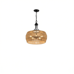 Luminaire suspendu en corde de chanvre de style bohème, chaîne réglable ronde, abat-jour en corde naturelle, luminaire de plafond, LED blanc chaud E26, corps noir - Product Image 1