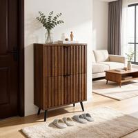 Meuble à chaussures moderne en noyer européen avec portes à lattes, 4 niveaux, pour entrée et salle à manger, design fin et peu encombrant, écologique