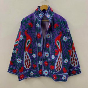 Chaqueta de algodón morado hecha a mano, elegante, con cuello mandarín, mangas largas, frente abierto, estilo étnico, para mujer. - Product Image 1