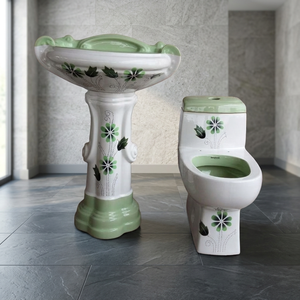 Ensemble complet de sanitaires en céramique Vitrossa de couleur verte chinoise, comprenant un WC et un lavabo sur piédestal - Product Image 1