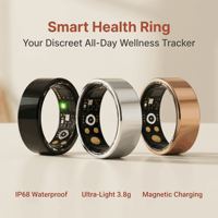 Bague connectée IP68 avec analyse de santé IA, suivi du sommeil, contrôle par application, chargement magnétique – Noir, Or, Argent