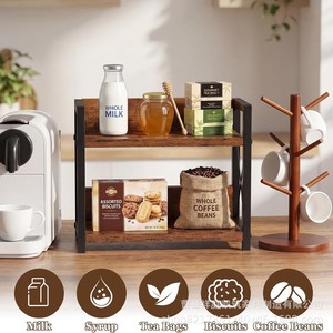 Étagère de rangement de bureau en bois et fer à 2 niveaux pour organiser les épices de cuisine et la salle de bain - Product Image 1