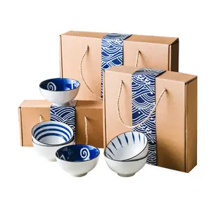 Japanese Style Creative Household Bowls, Blue and White Porcelain Bowl Gift Box Gift-Giving Ceramic Dinnerware Set
