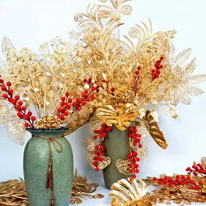 Buah merah Holly buah kaya buah emas simulasi bunga emas eukaliptus daun ginkgo Tahun Baru dekorasi bahan bunga