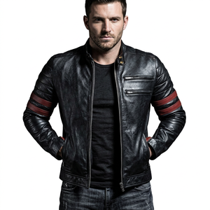 Chaqueta de Motociclista de Cuero PU Negra para Hombre con Rayas Rojas, Cierre de Cremallera, Corte Ajustado, Cuello Alto, Impermeable, Transpirable, Estilo Invernal - Product Image 2