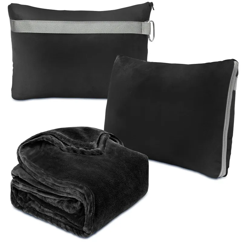 Travel Airplane Blanket with Soft Bag Pillowcase Large Black Blanket for Travel Compact Pack Blanket Folding Pillow