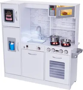 Детский кухонный гарнитур, деревянная Игровая кухня, генератор льда с батарейным питанием, смеситель и микроволновая печь, обеспечивает реалистичный звук и свет белого цвета