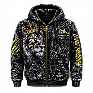 Sudadera con capucha y cremallera para hombre Long Mission, diseño de corona de león con estampado por sublimación, 100% algodón polar, transpirable, para invierno, corte regular, estilo hip hop - Product Image 5