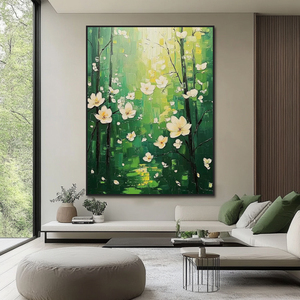 Grande peinture murale moderne faite à la main en acrylique sur toile, paysage texturé, arbre vert, art forestier, paysage naturel, décoration d'hôtel - Product Image 1