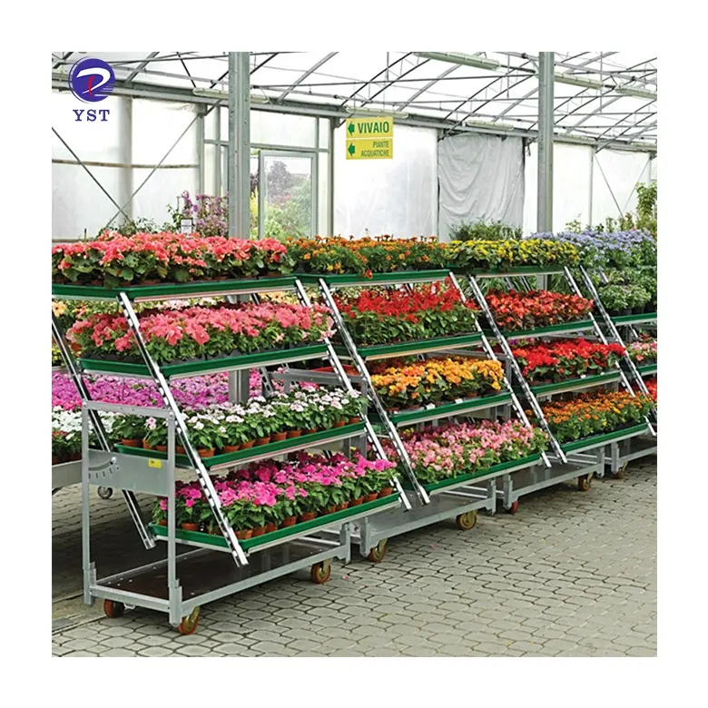 ราคาโรงงานเรือนกระจกการจัดส่งสินค้าพืชเนอสเซอรี่เหล็กดอกไม้แสดงรถเข็น