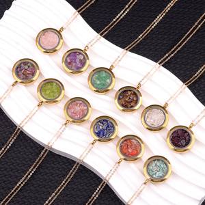 Mode couleur Tourmaline 25mm or rond en acier inoxydable pierre concassée boîte pendentif collier bijoux breloque collier personnalisé - Product Image 5