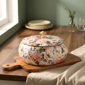 Cazuela de Cerámica Floral con Tapa, Recipiente Redondo para Calentar Alimentos con Revestimiento de Esmalte Aislante - Product Image 4