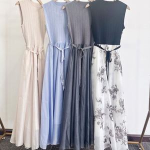 <span class=keywords><strong>Robe</strong></span> décontractée élégante à taille fine pour femme de bureau <span class=keywords><strong>Robe</strong></span> à col rond avec broderie sans manches à lacets en tricot Patchwork Style japonais - Product Image 2