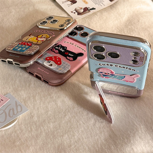 Cartoon Leather Puppy holder Mirror Phone case for <b>iPhone</b> 17 16 Pro Max Embroidery Dog cute Bracket cat <b>Stand</b> Chaton back Cover - Product Image 3