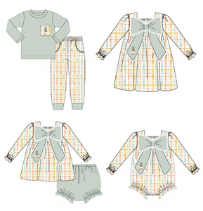 Ensemble à carreaux à manches longues pour filles et garçons, en coton, avec nœud, style campagnard, vêtements de chasse pour frères et sœurs - Product Image 2