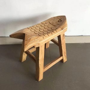 <b>Vintage</b> Wood Carved Fish <b>Stool</b> Hand Painted Asian Zen Design Ottoman Portable Tabletop Home Decor Bedroom Living Room - Product Image 2