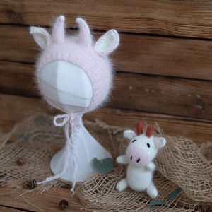 Nouveau-né Photographie Props <span class=keywords><strong>Kit</strong></span> <span class=keywords><strong>Tricot</strong></span> Angora Vache Chapeau Beige Alpaga Bull Jouet Neutre Photo Prop <span class=keywords><strong>Bonnet</strong></span> Crochet Bébé Posant Poupée - Product Image 2