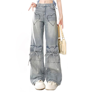 Nuovo stile coreano estivo Jeans Multi tasca a gamba dritta per le donne a vita alta a gamba larga stile <span class=keywords><strong>Cargo</strong></span> largo e confortevole - Product Image 6