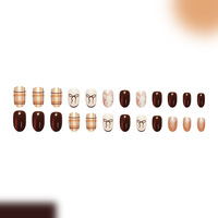 24 faux ongles à presser, forme amande, motif œil de chat marron, marbré, à carreaux, avec nœud, avec gelée adhésive et lime à ongles, vente en gros et dropshipping