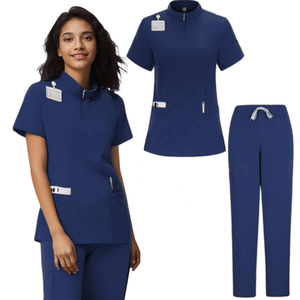 Uniforme médico para mujer, 2 bolsillos, CVC, Hospital, enfermera, Scrub Tops, pantalones, uniformes para mujer, conjuntos médicos, tela elástica Unisex - Product Image 1