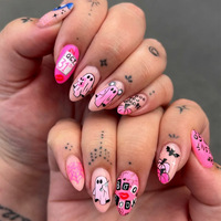 Faux ongles carrés courts en ABS de haute qualité, motif fantôme et fleur d'Halloween, style mignon, à presser, ongles artificiels