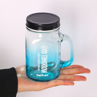 Bouteille en verre Mason de 500 ml avec logo personnalisé, couleur dégradée, avec poignée et couvercle avec trou pour paille, pour jus, thé au lait, boissons froides