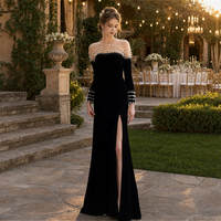 Robe de soirée en velours noir à épaules dénudées, manches longues, col illusion, fente haute, robe de fête, vente en gros personnalisée