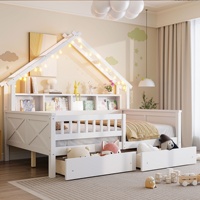 Lit enfant en forme de maison en bois avec barrières de sécurité, tiroirs de rangement, étagère à livres et éclairage LED pour chambre de garçons et filles, lit de sieste pour tout-petits, mobilier de maison