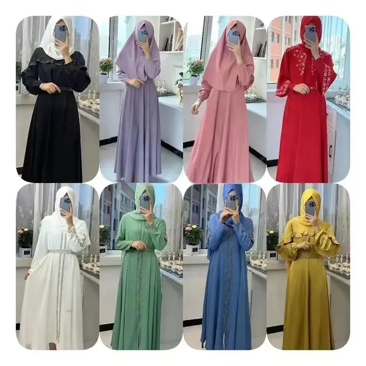 Vestidos muçulmanos misturados em quatro cores, saia longa, vestido de mulheres, roupas islâmicas, Europa e América