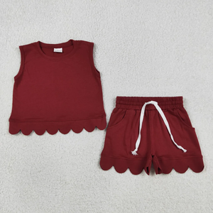 Summer Toddler Girls 2-Piece <b>Maroon</b> Sleeveless Tank <b>Top</b> and Shorts Set with Scallop Trim Comfortable Solid Color Outfit - Product Image 2