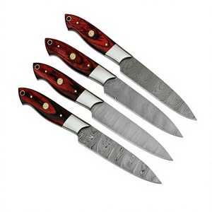 04-Piece Handmade Damascus Steel <b>Drop</b> Point Straight <b>Back</b> Multi-Functional Steak Knife Set Wood Handles Industrial Grade 3-Year - Product Image 1