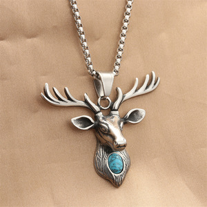 Colgante de cabeza de ciervo de acero inoxidable yunnique con incrustaciones de turquesa, collar unisex, regalo, joyería de moda con forma de animal, 280607 - Product Image 1