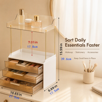 Organiseur de bureau transparent avec 3 tiroirs, unité de rangement blanche avec détails dorés, 10,83 x 6,89 x 15,59 po
