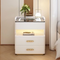 Mesita de noche inteligente de madera de lujo moderna con luz Led altavoces de carga inalámbrica cajón mármol muebles flotantes de cuero blanco