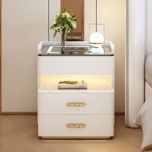 <span class=keywords><strong>Mesita</strong></span> de <span class=keywords><strong>noche</strong></span> inteligente de madera de lujo moderna con <span class=keywords><strong>luz</strong></span> Led altavoces de carga inalámbrica cajón mármol muebles flotantes de cuero blanco - Product Image 3