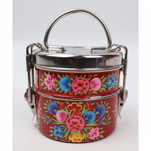 Portador de comida tailandés tradicional impreso Caja plegable de metal Tiffin Fiambrera de acero inoxidable - Product Image 1