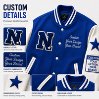 Veste universitaire en laine bleu royal avec logo personnalisé, manches en cuir crème, veste de baseball avec broderie de patch en chenille