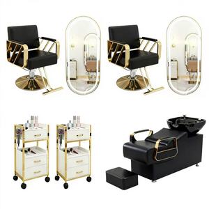 Factory-customized genuine leather hair salon <b>set</b>, including trolley, <b>barber</b> chair, LED mirror, and shampoo bed - Product Image 1