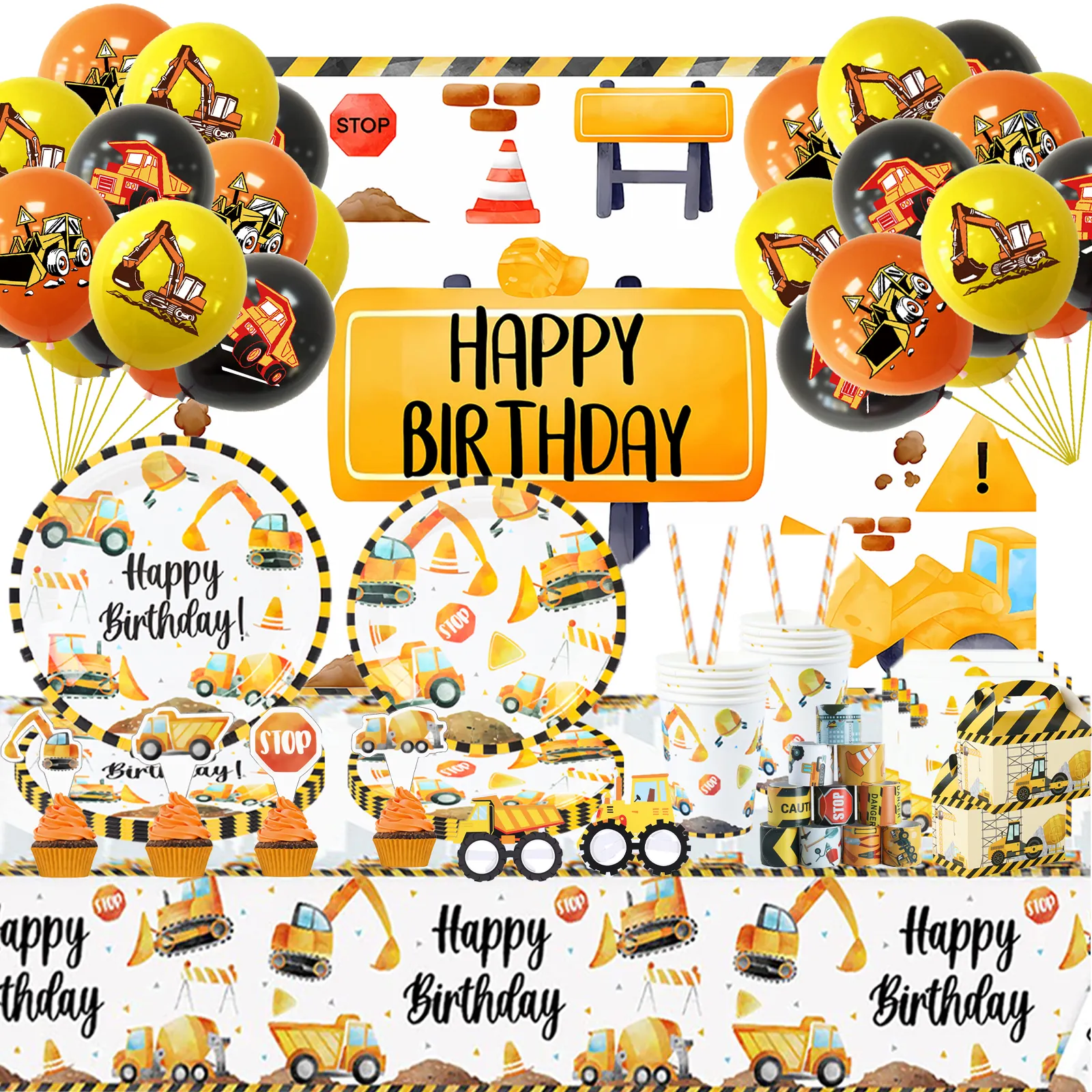 Construction Birthday Party Decorations Disposable Party Paper Plate Tableware Cup Tablecloth Car Theme Caketopper Party Balloon