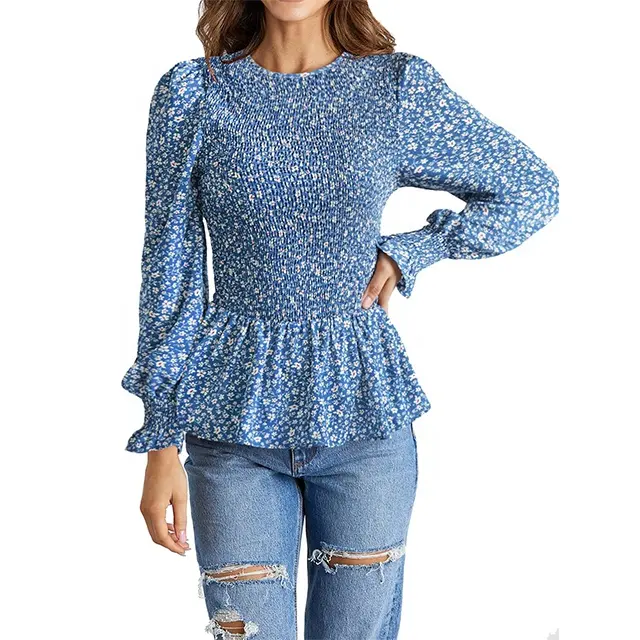 Blue Women's Casual Long Sleeve Tops Floral Print Smocked Ruffle Shirt Tunics Fashion Elegant Formal Ladies Blouses