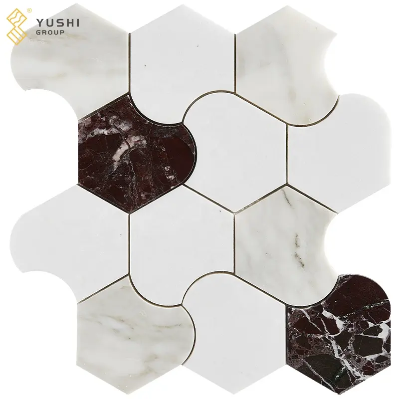 Yushi Group Mosaic Marble Crystal White+ Calacatta White+Coral Redfor wall or kitchen backsplash mosaic tile