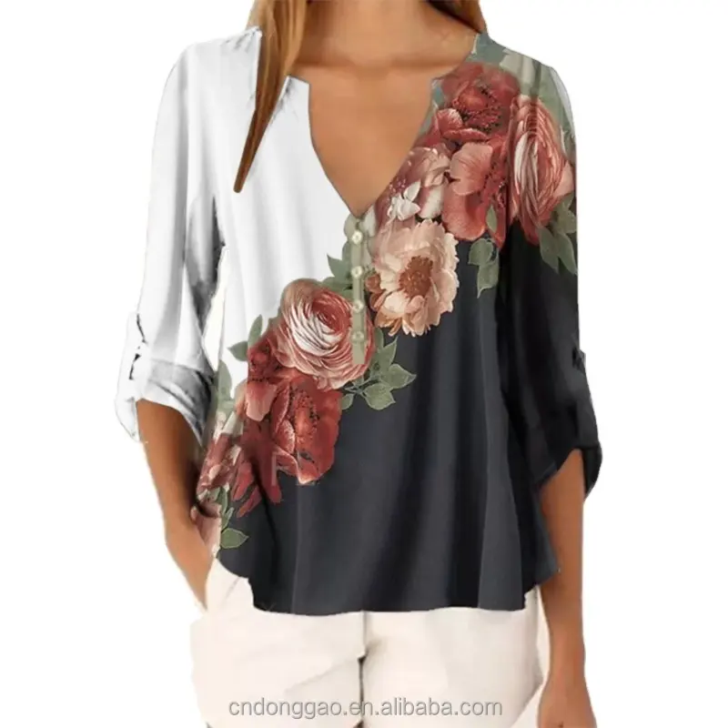 Популярные рубашки больших размеров с длинным рукавом и V-образным вырезом, новая свободная повседневная женская блузка с цветочным принтом, топы