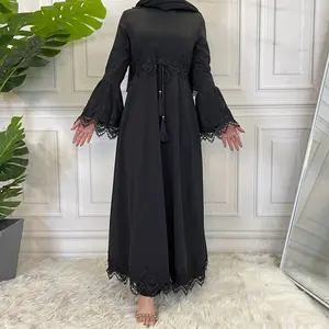 Fashion Women'S Lace Patchwork Lacing Kaftan Modest Khamis Arab Islamic Clothing Dress For Women Ladies