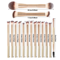 Ensemble de 15 pinceaux de maquillage professionnels pour le visage avec poils synthétiques, pinceaux plats, manche en métal doré, étui de voyage et houppettes à poudre