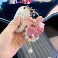 Porte-clés Cœur en Strass Scintillant pour Femme, avec Nœud, Pompon, Perles et Flacon de Parfum, Accessoires de Sac pour Fille