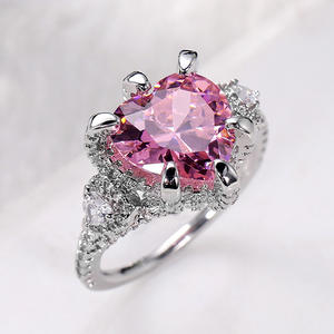 Anillo de compromiso plateado para mujer F799 con cristal rosa y piedra central ovalada de diamantes de imitación, elegante joya de boda para ella - Product Image 1