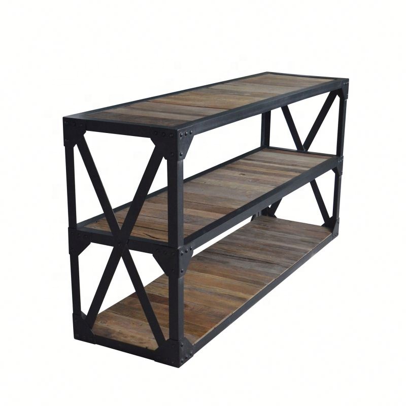 Marco de hierro industrial francés, estantes de exhibición sólidos, mesa de entrada, pasillo de madera recuperada, Consola de madera con estante HL407