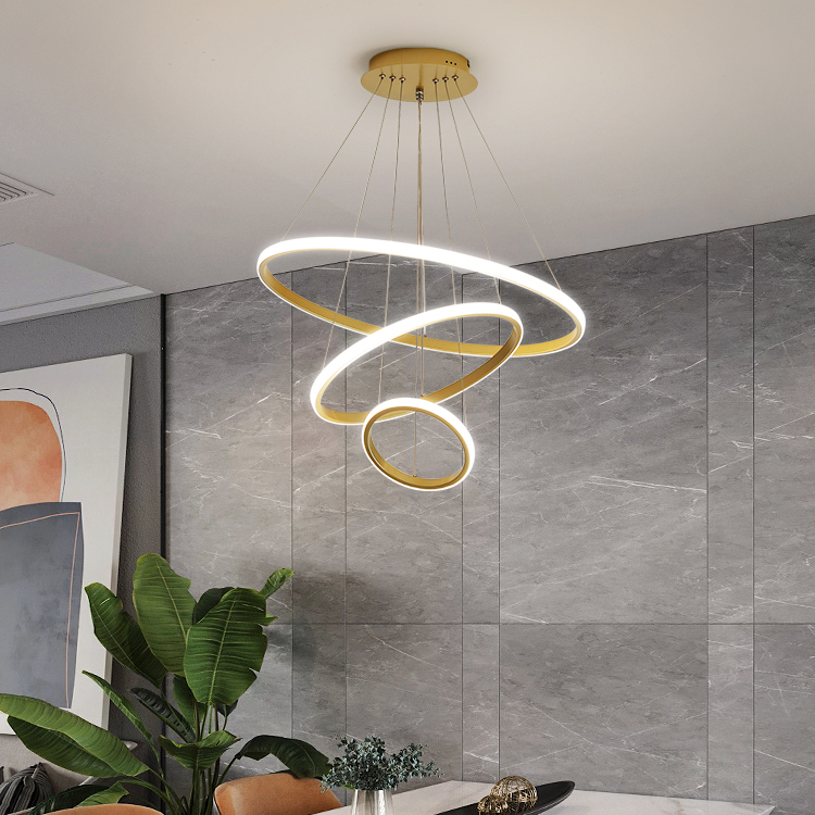 Круглая Золотая люстра из кованого железа с тремя кольцами для ресторана, простая современная гостиная, барная настольная лампа, креативная красная Скандинавская люстра